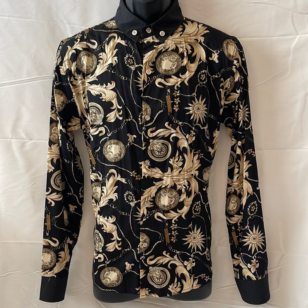Mens Baroque Print Long Sleeve Button Down Shirt Size XXL